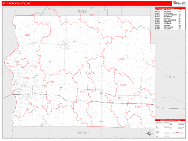 St. Croix County, WI Wall Map Red Line Style